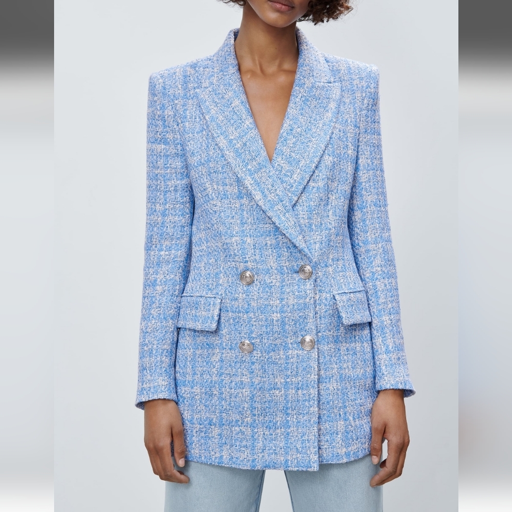 Zara Textured Tweed Blazer Blue size XS